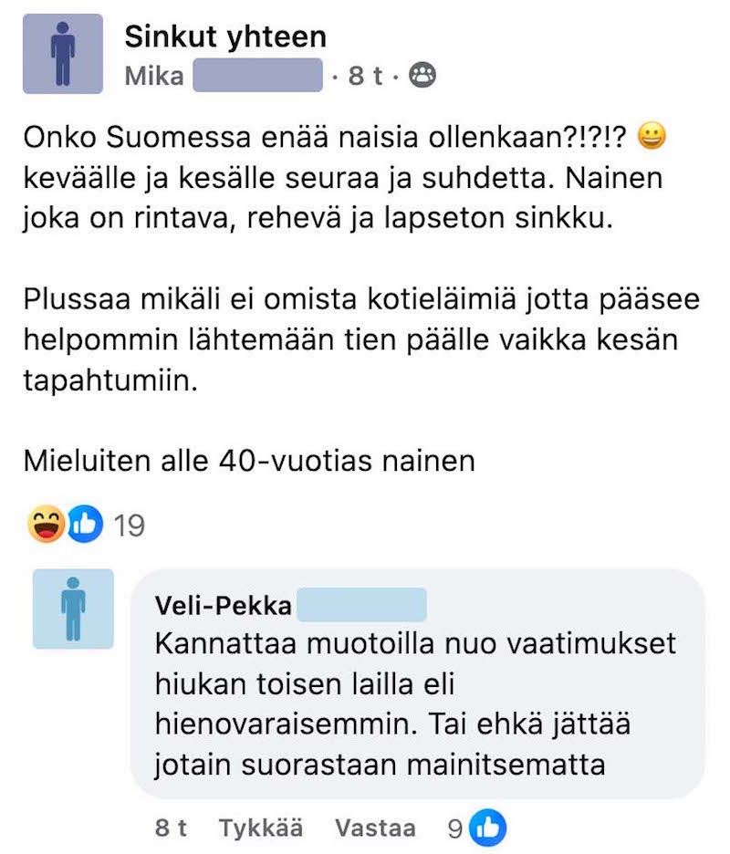 Kuvakaappaus postauksesta