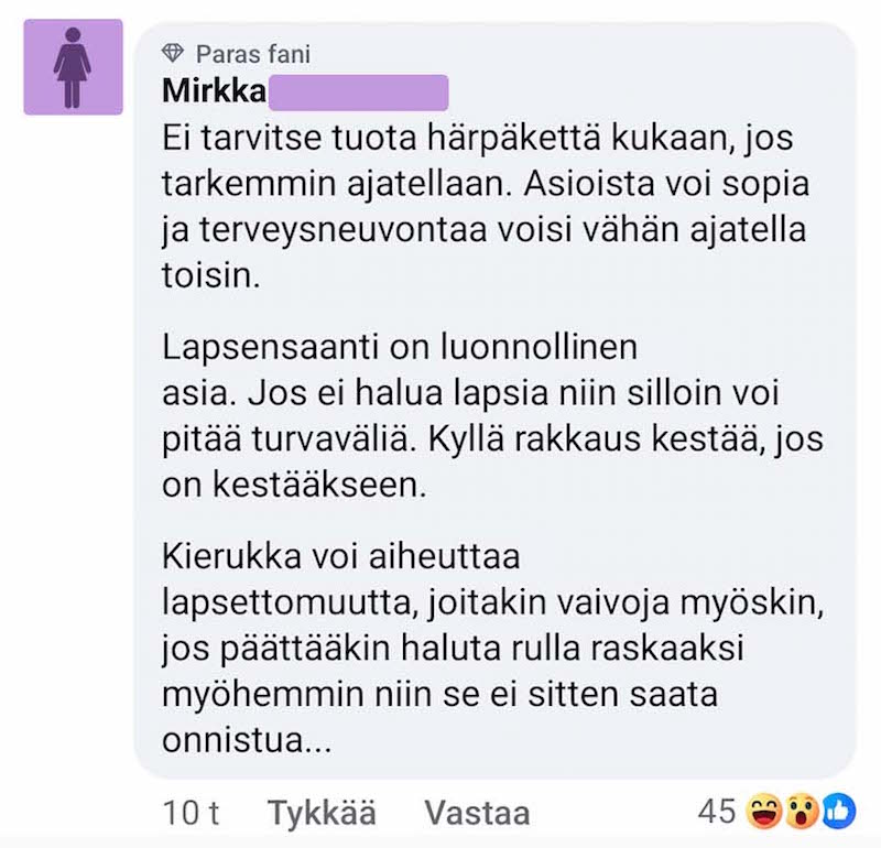 Kuvakaappaus kommentista